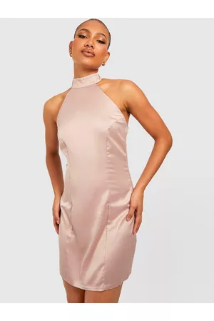 Boohoo Halter Neck Chain Detail Satin Sheath Mini Dress