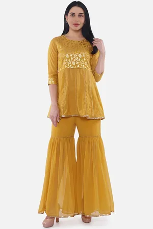 BE INDI Floral Printed Panelled A-Line Chanderi Silk Top with Sharara