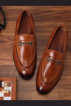 MUTAQINOTI Men Brown Patent Leather Loafers