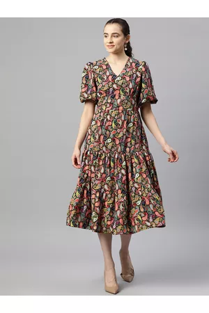 Pluss Ethnic Motifs Print Puff Sleeve Fit & Flare Midi Dress