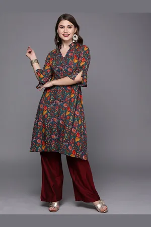 Ethnovog Women Blue Red Printed Made To Measure A-Line Kurta
