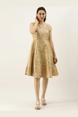 Ethnovog Women Beige Self-Design Made To Measure Fit and Flare Dress