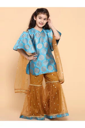 ADIVA Girls Turquoise Blue & Beige Printed Kurta with Sharara & Dupatta