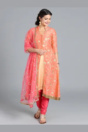 Ethnovog Women Pink, Beige Orange Embroidered Made to Measure Kurta Sets