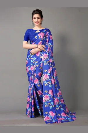 HRITIKA Blue & Pink Floral Printed Silk Blend Saree