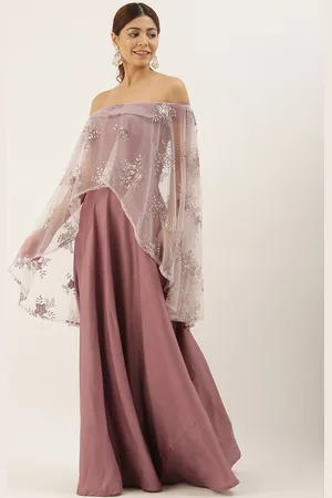 Ethnovog Women Mauve Embellished Made To Measure Cape Style Maxi Dress