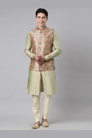 TheEthnic.Co Mandarin Collar Regular Kurta with Pyjamas with Printed Nehru Jacket