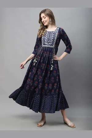 Rajnandini Women Navy Blue & Red Floral Printed Anarkali Kurta