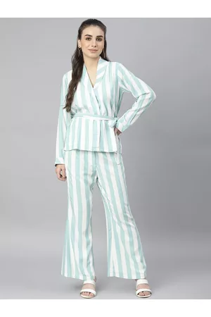 DEEBACO Women Blue Striped Pure Cotton Coat with Trousers
