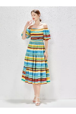 JC Collection Striped Off-Shoulder Fit & Flare Midi Dress