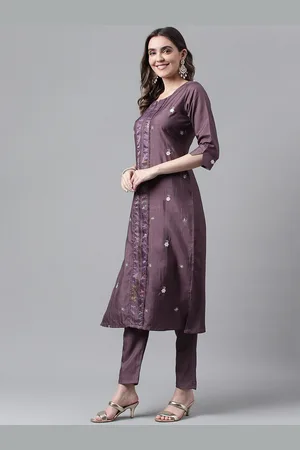 RAJGRANTH Purple & White Embroidered Notched Neck Sequinned Kurta With Trousers & Dupatta
