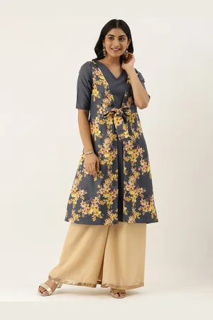 Ethnovog Women Grey Floral Printed Floral Made To Measure Anarkali Kurta