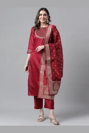 RAJGRANTH Red & Gold Ethnic Motifs Yoke Design Sequinned Kurta With Trousers & Dupatta