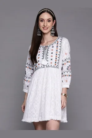 Indo Era Ethnic Motif Embroidered Fringed Cotton A-Line Ethnic Dress