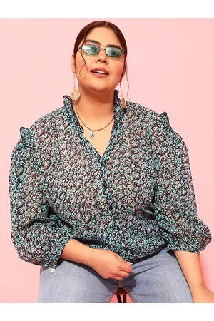 CURVY STREET Plus Size Floral Printed Puff Sleeves Satin Top