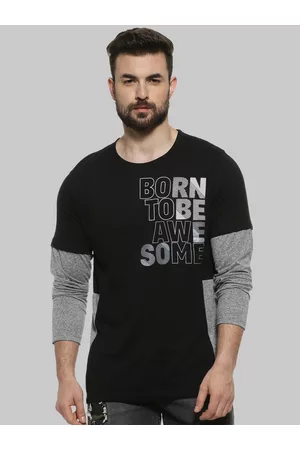 Campus Black Typography Printed Long Sleeves Round Neck Casual Cotton T-shirt