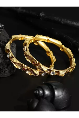 Priyaasi Set Of 2 Gold-Plated White & Magenta Pink Stone-Studded Handcrafted Bangles