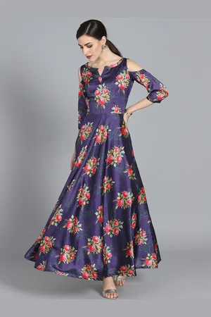 Ethnovog Women Navy Blue Pink Printed Made to Measure Maxi Gown