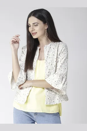 Sera Women Off-White & Grey Front-Open Collarless Corduroy Casual Blazer