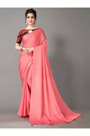 HRITIKA Peach-Coloured Satin Solid Saree