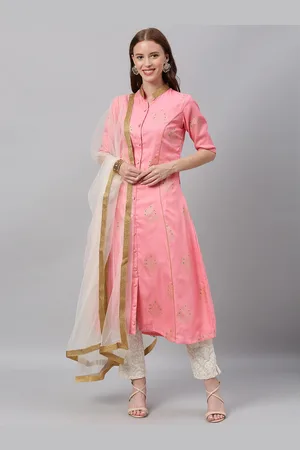 Ethnovog Women Pink Beige Printed Made To Measure Kurta with Trousers Dupatta