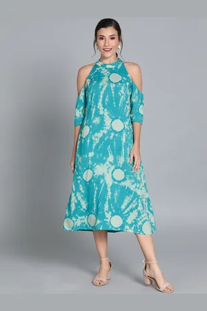 Ethnovog Women Blue Printed A-Line Made To Measure Dress