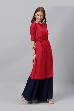 Ethnovog Women Pink Solid A-Line Made To Measure Kurta with Waist Tie-Ups