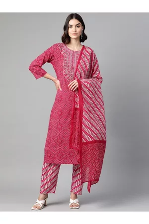 Sasimo Women Pink Bandhani Colourblocked Gotta Patti Pure Cotton Kurta with Trousers & With Dupatta