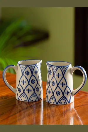 ExclusiveLane Set of 2 Moroccan Floral Hand-Painted Ceramic Milk & Water Jugs - 700ml Each