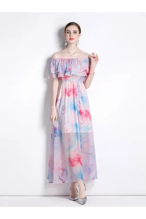 JC Collection Tie and Dyed Off-Shoulder Flared Sleeve Maxi Dress