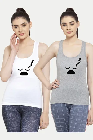 Friskers Women Pack Of 2 White & Grey Print Cotton Tank Tops