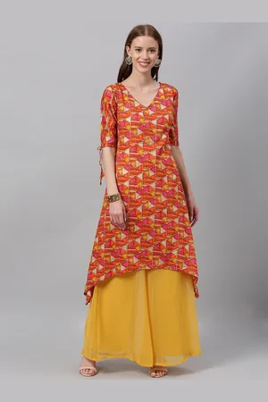 Ethnovog Women Orange Yellow Printed Made To Measure A-Line Kurta