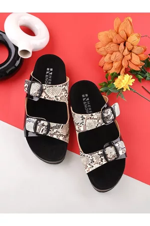 HERE&NOW Women Textured Two Strap Comfort Open Toe Flats With Buckle Detail
