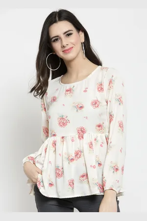 Sera Women Off-White & Pink Printed Peplum Top