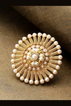 Priyaasi Gold-Plated & Off-White Handcrafted Beaded Adjustable Finger Ring