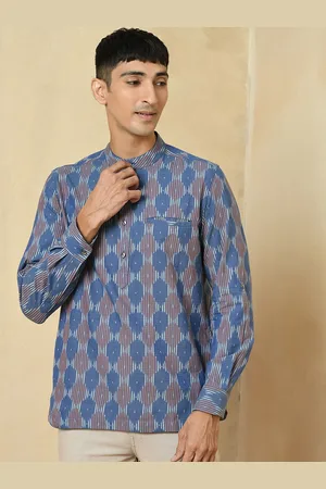 Fabindia Ikat Printed Band Collar Short Cotton Kurta Style Casual Shirt