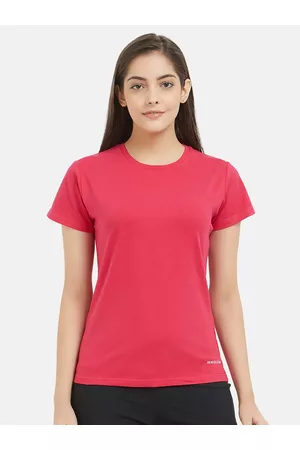 Fruit Of The Loom Women V neck t-shirts - Women Pink Solid Round Neck T-shirt