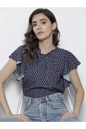 Boohoo Navy Blue & White Polka Dot Print Ruffles Top