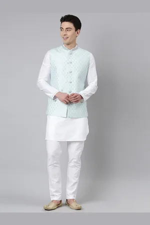 TheEthnic.Co Chanderi Silk Kurta with Pyjamas with Woven Design Nehru Jacket