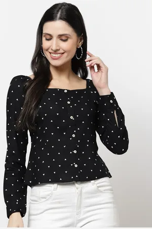 bellamia Geometric Printed Square Neck Cuffed Sleeves Shirt Style Top
