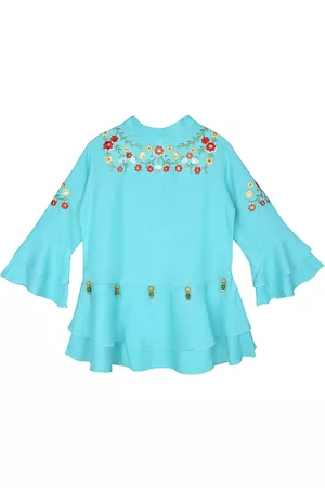 Ishin Blue & Red Floral Embroidered Peplum Top