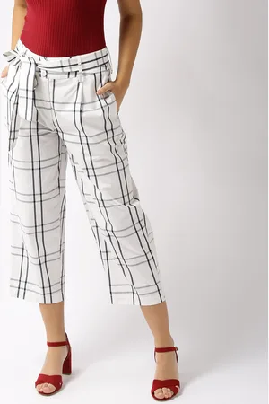 Sera Women White & Black Checked Cropped Trousers