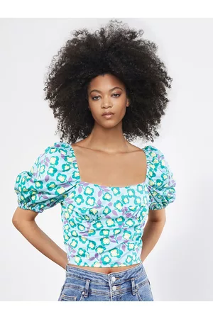 Urban Revivo Floral Print Puff Sleeve Cotton Crop Top