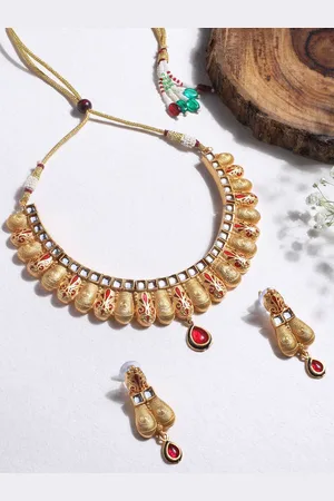 Asmitta Jewellery Gold-Plated Stone Studded Antique Necklace and Earrings