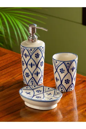 ExclusiveLane Set of 3 White Blue Studio Pottery Hand Painted Ceramic Bathroom Accessories