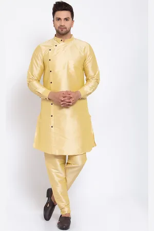 KLOTTHE Men Gold-Toned Solid Angrakha Straight Kurta & Pyjamas