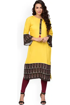 Ahalyaa Women Yellow & Black Printed Straight Kurta