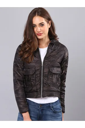 Campus Women Brown Camouflage Windcheater Crop Padded Jacket