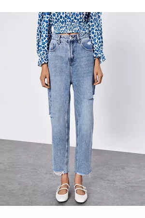 Urban Revivo Women High-Rise Mildly Distressed Light Fade Stretchable Jeans