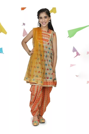 AJ DEZINES Girls Printed Gotta Patti Pure Cotton Kurta with Patiala & Dupatta